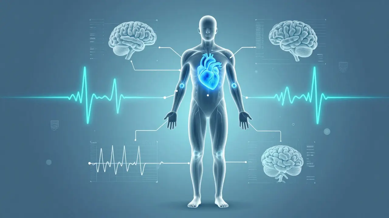 Stylized graphic showing HRV data linked to human body systems