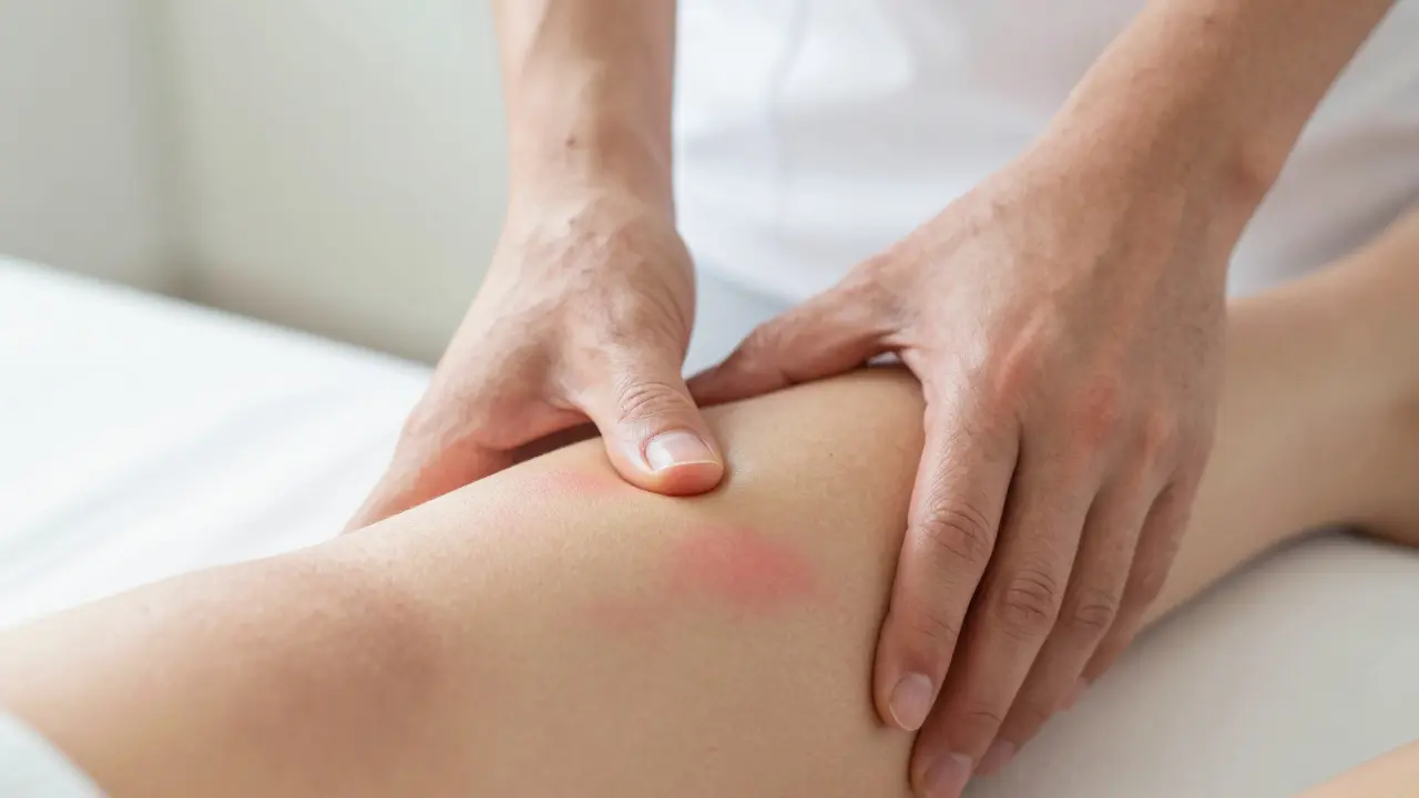 Therapist hands performing deep tissue massage on calf