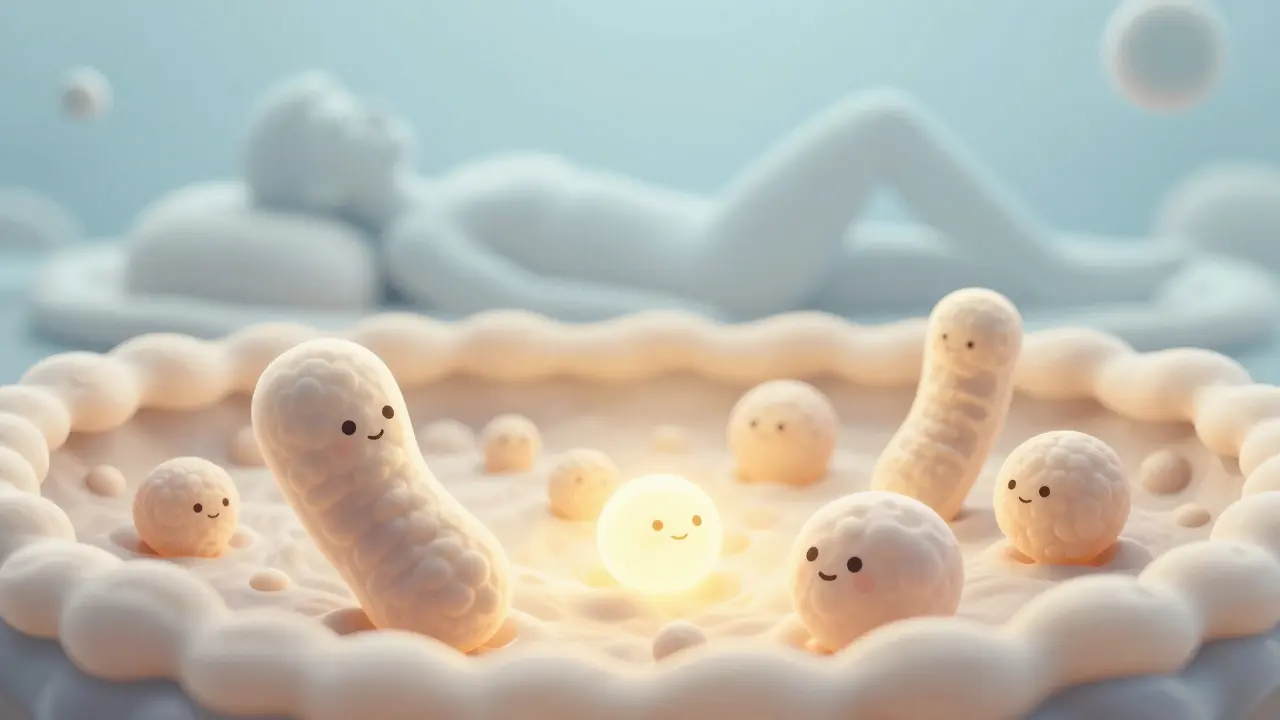 Abstract art showing beneficial bacteria promoting calm mood