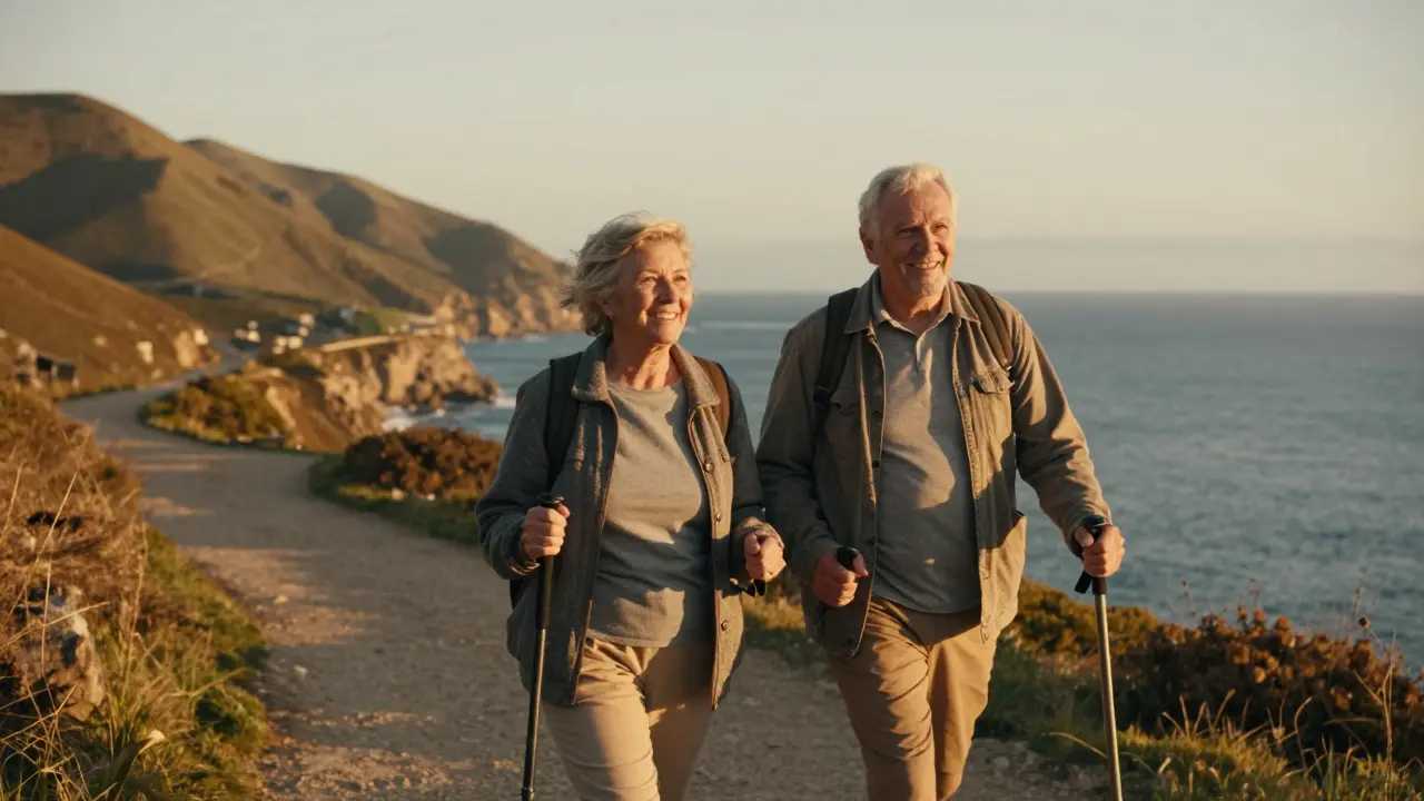 Active senior couple hiking on a coastal path at sunset