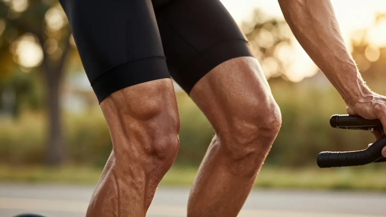 Close-up of a cyclist's tired calves in warm sunlight after a ride.