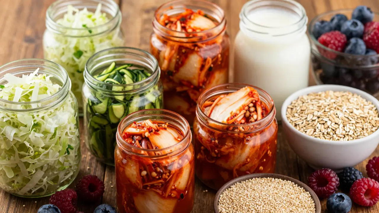 Close-up of fermented foods and fiber-rich ingredients on wood
