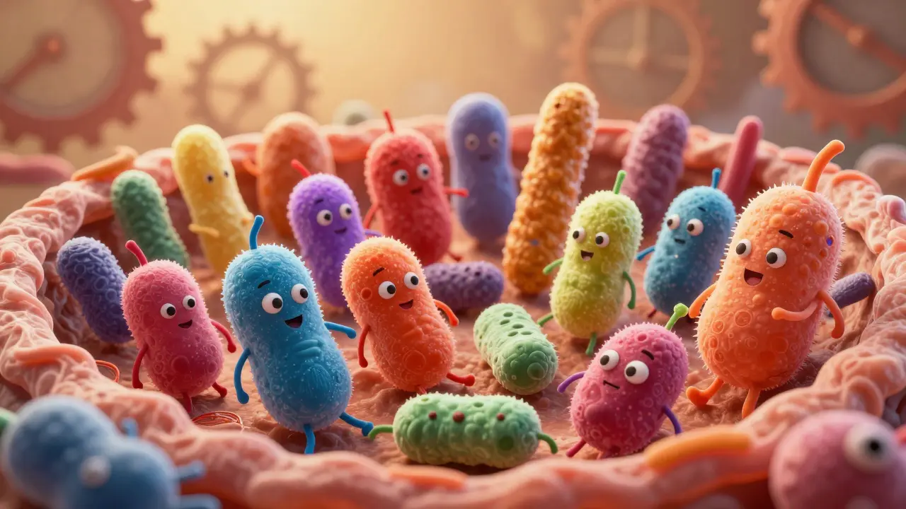 Colorful, diverse gut bacteria thriving in a healthy intestinal environment.