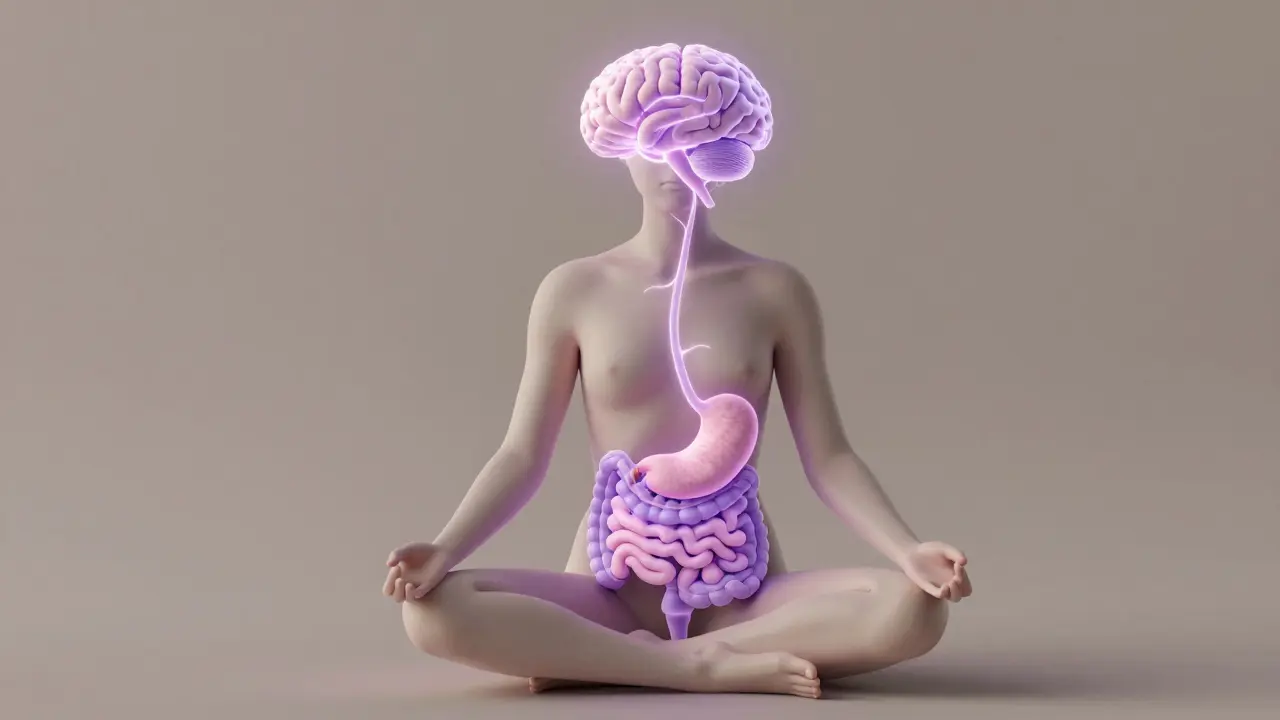 Conceptual art of the gut-brain axis with glowing neural connections.