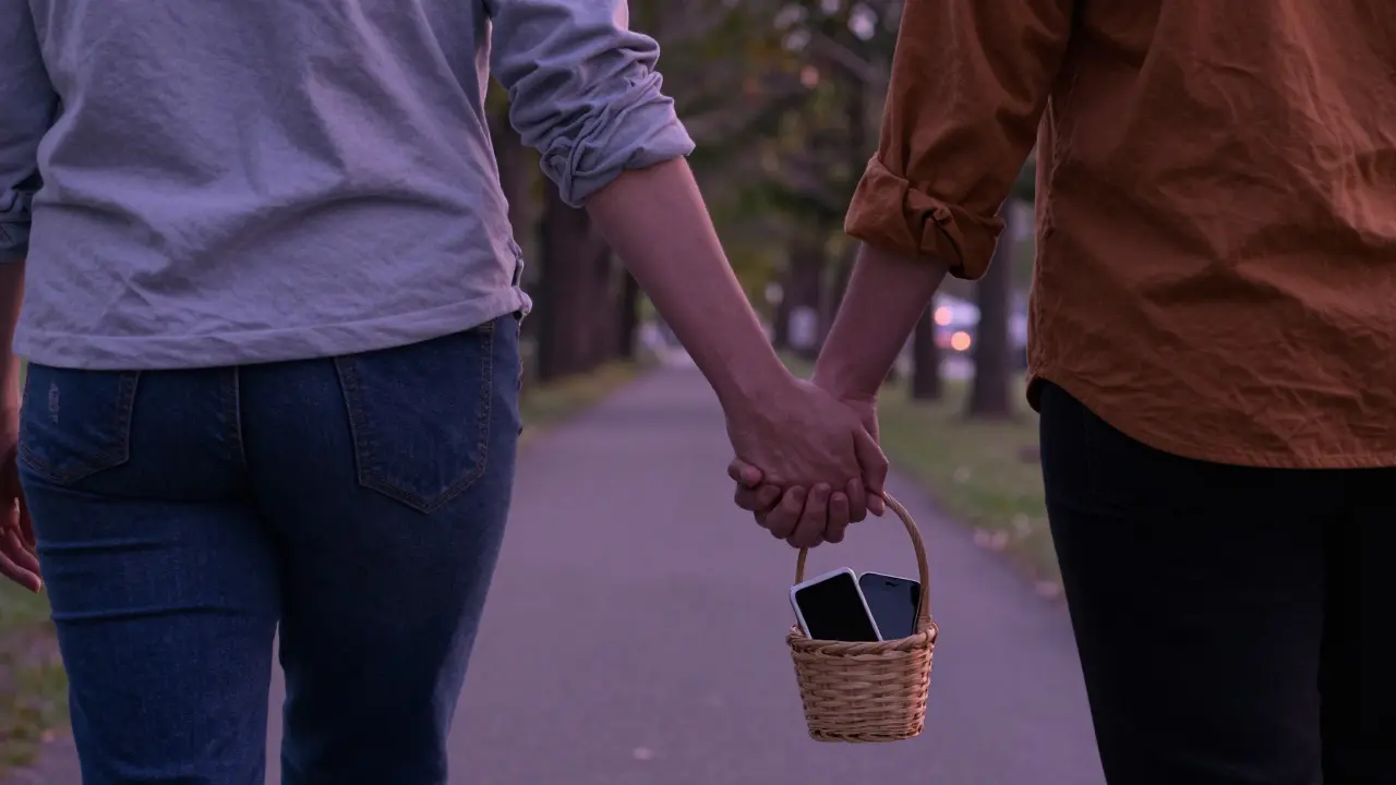 Couple walking hand-in-hand with phones stored away at dusk