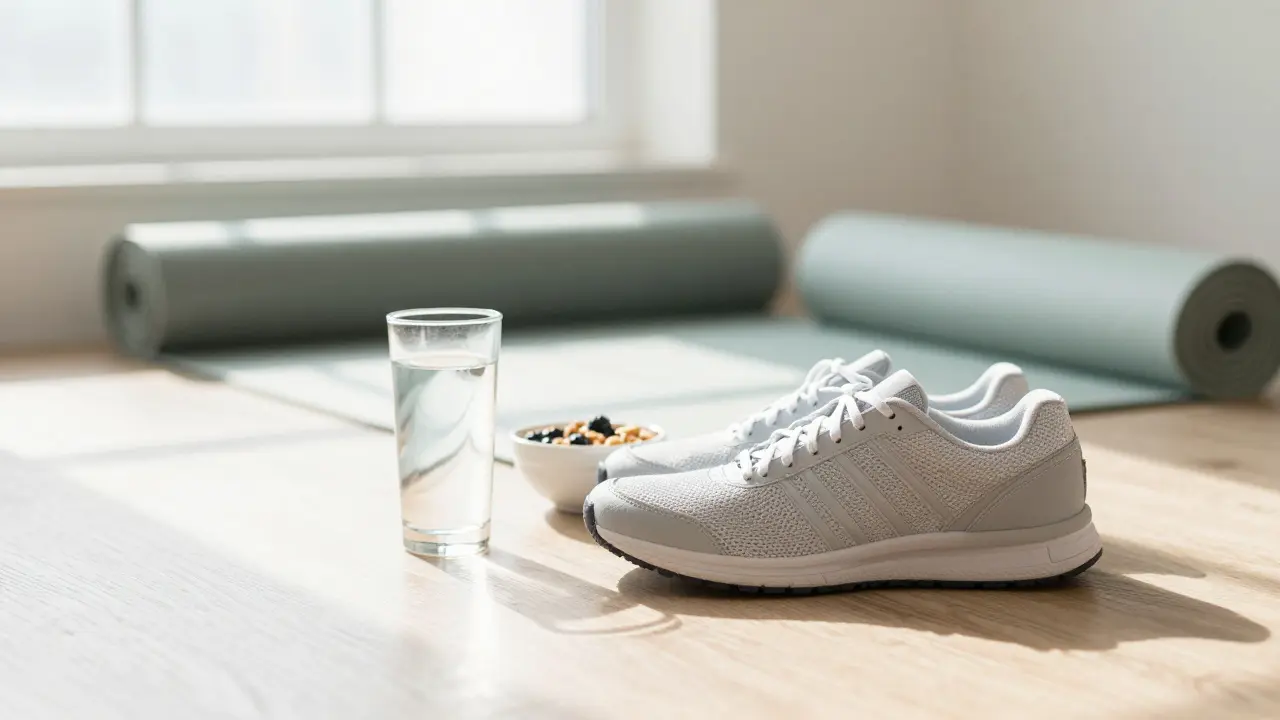 Minimalist scene with athletic shoe, water, and healthy food
