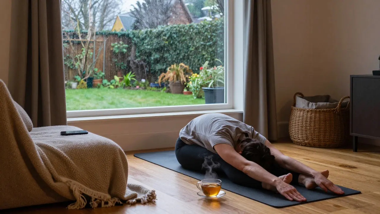 Morning mindfulness routine with stretching and tea in a cozy home
