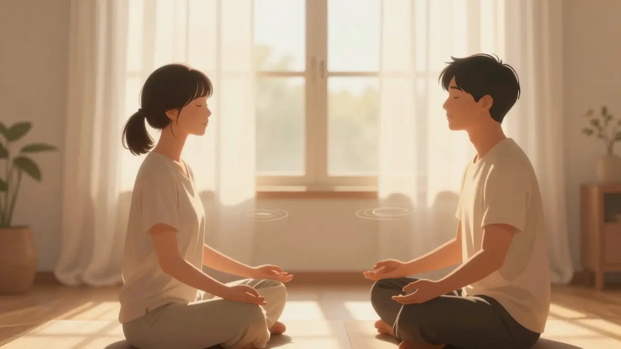 Partners meditating together in warm sunlight, sharing calm presence