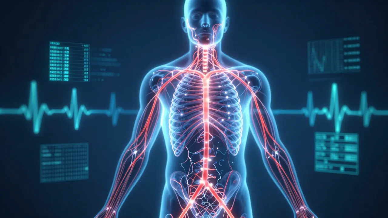 Abstract illustration of the nervous system balancing stress and relaxation with data visuals