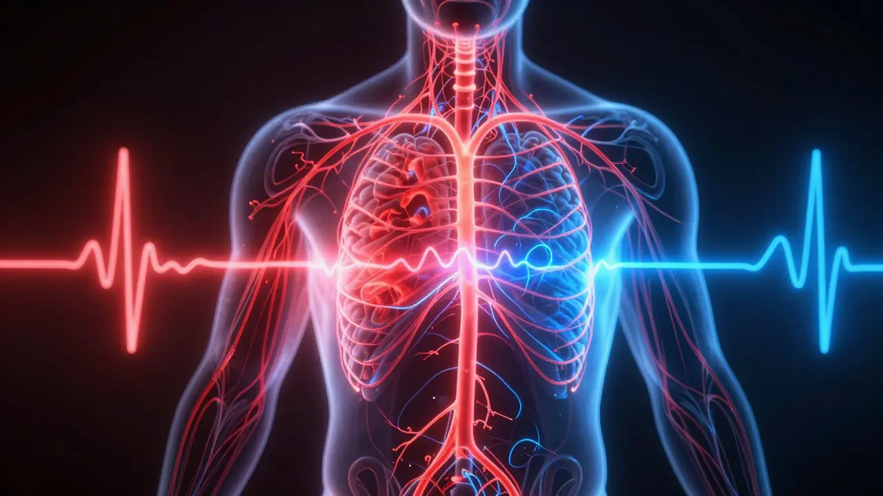 Abstract visualization of nervous system calming from red to blue