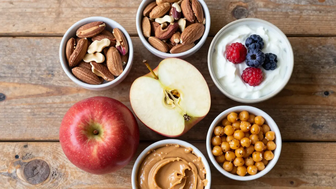Balanced snack plate featuring apple, peanut butter, nuts, and yogurt on a wooden table