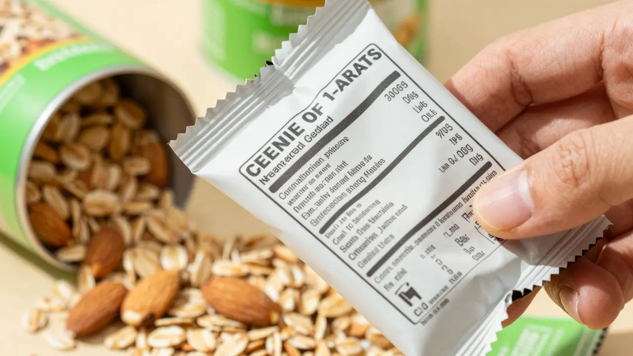Close-up of a snack package label being read, with whole ingredients like oats nearby