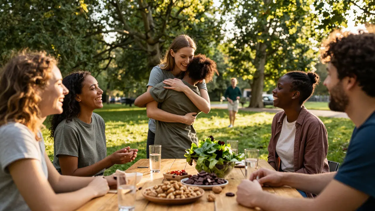 Friends enjoying healthy food and nature in park
