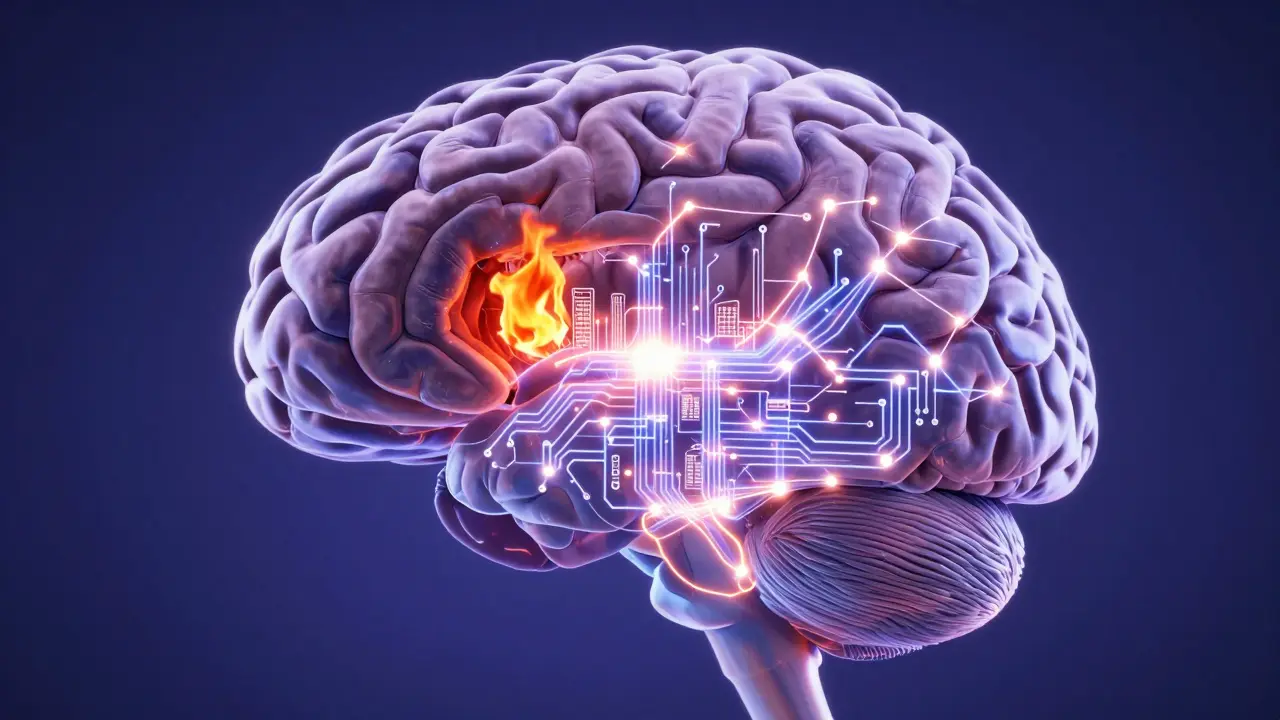 Glowing neural network expanding in brain to show improved focus and logic