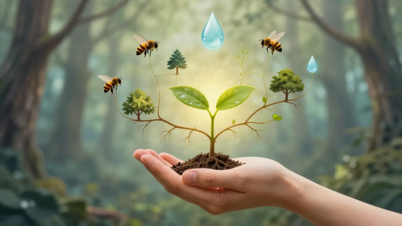 Hand holding glowing sapling connected to nature elements