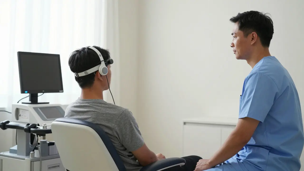 Patient undergoing neurofeedback therapy with a headset in a calm clinical environment