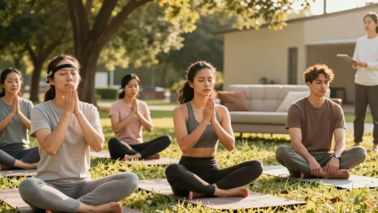 People practicing biofeedback-inspired relaxation techniques outdoors