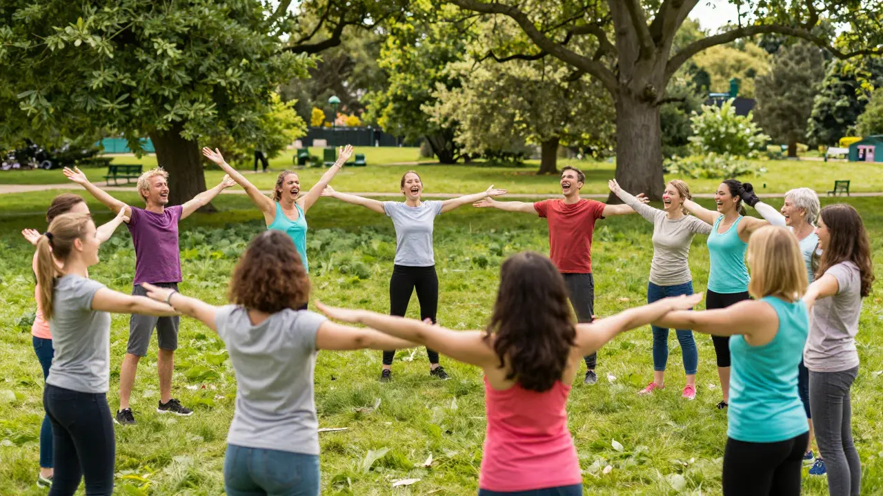People practicing laughter yoga exercises in a sunny park