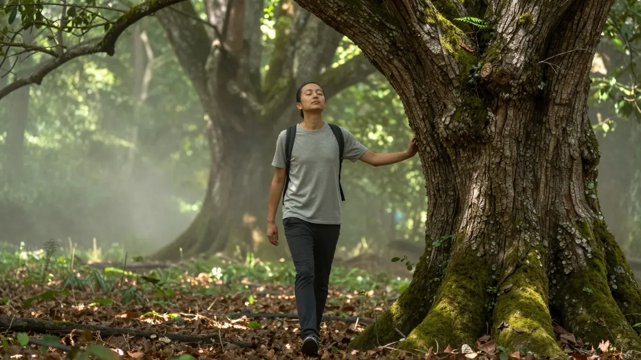 Person practicing forest bathing by touching a tree