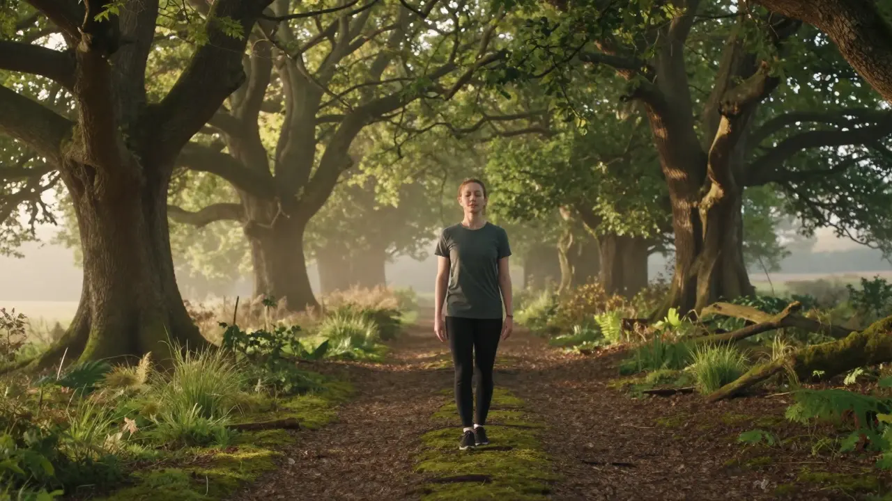 Person walking mindfully in a sunny UK forest for stress reduction