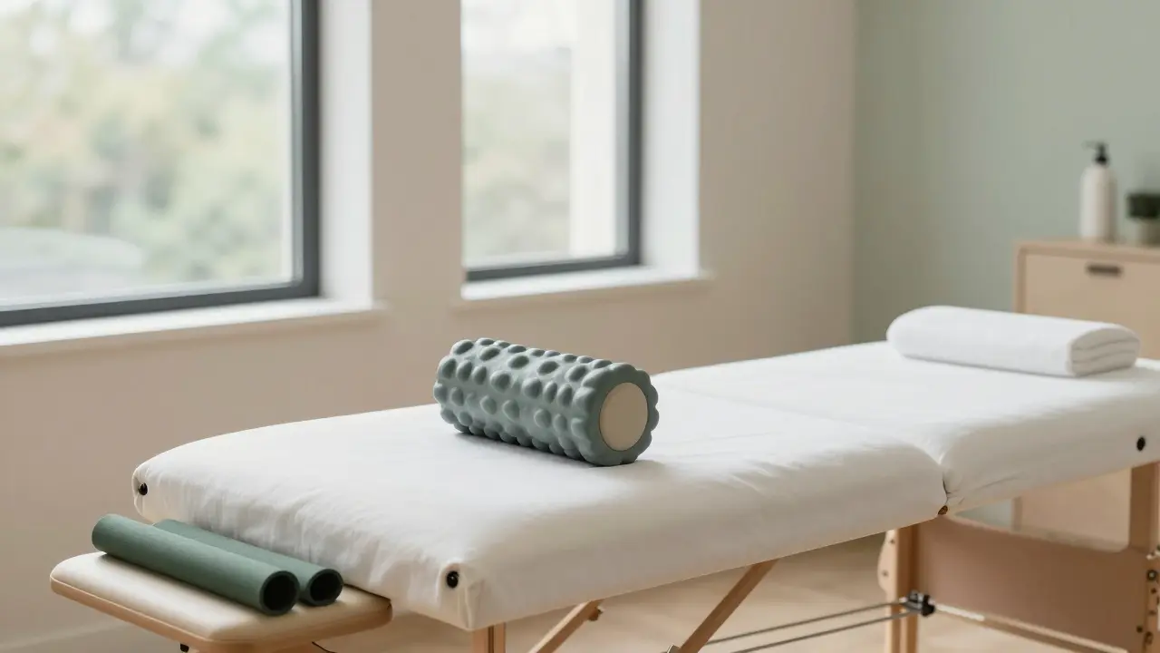 Serene sports therapy clinic with foam rollers and massage table