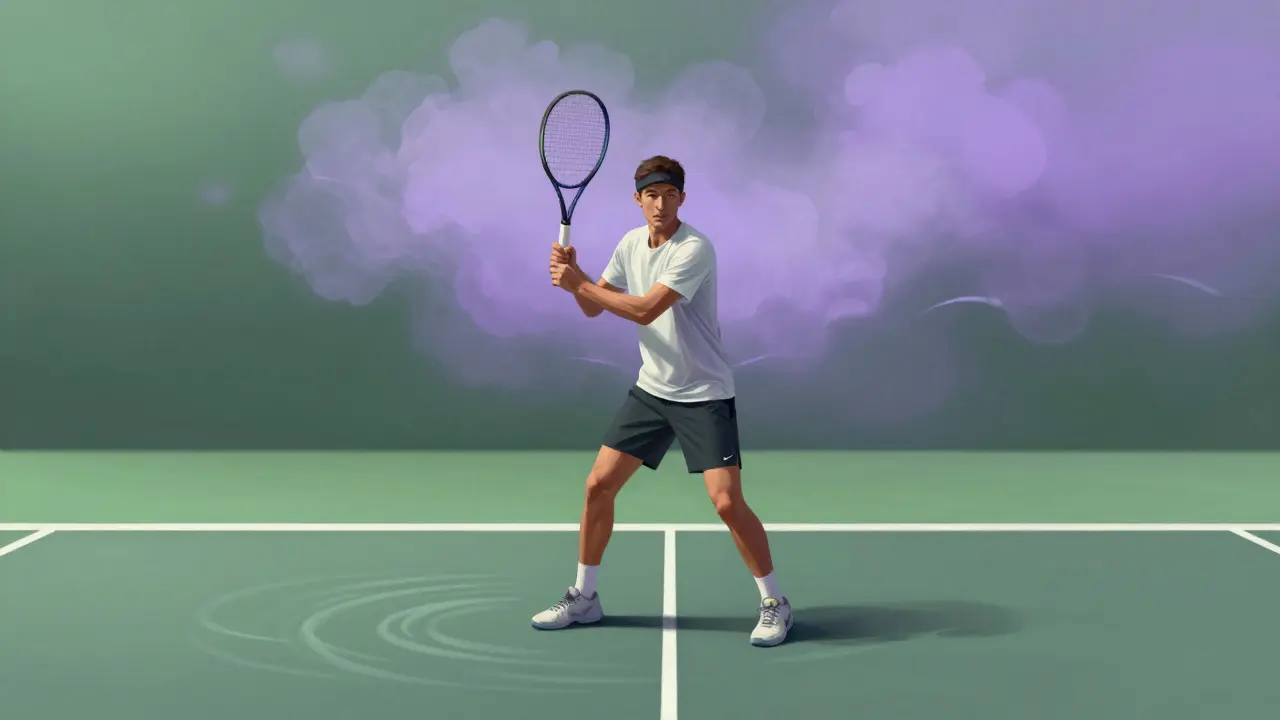 Tennis player surrounded by calm colors representing mental clarity and focus