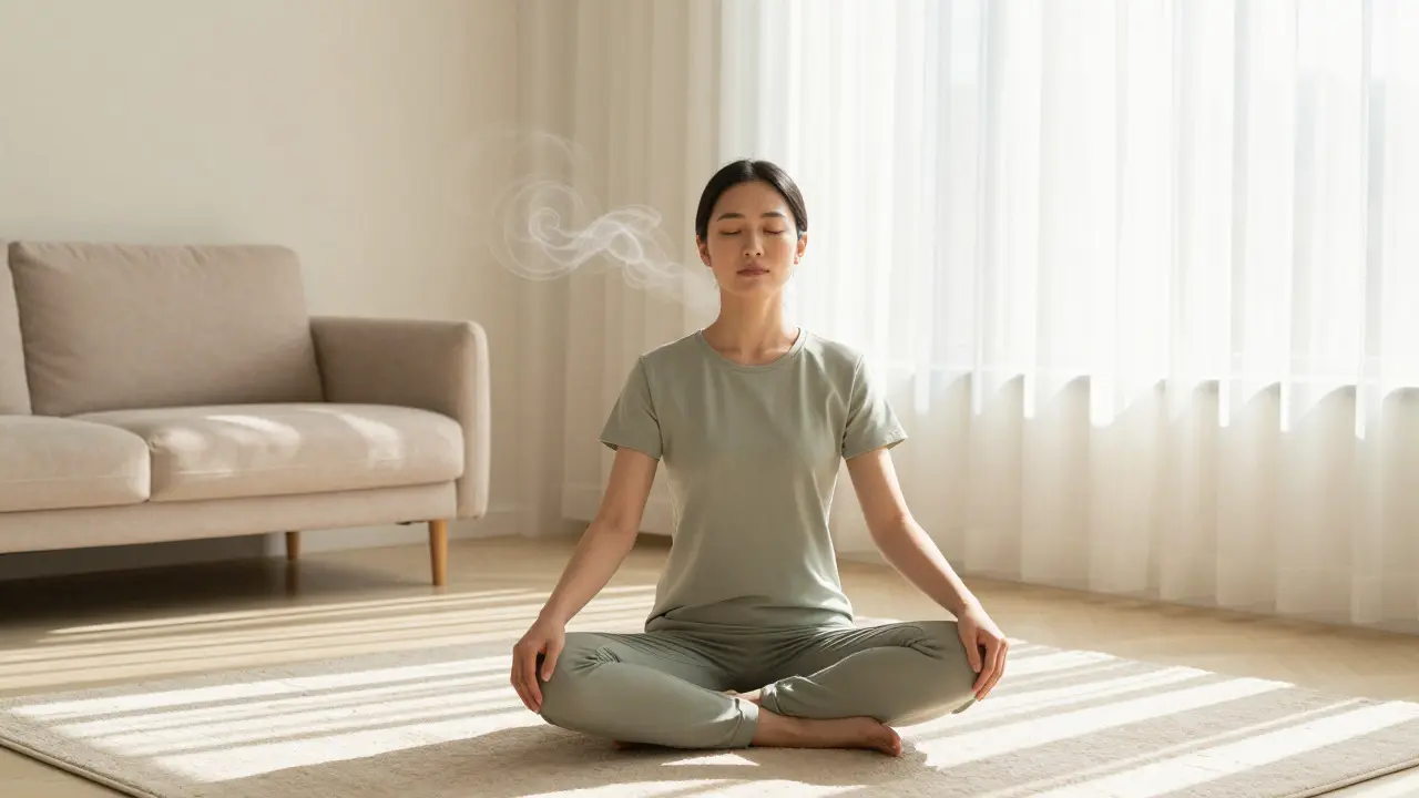 Woman practicing calming box breathing in sunlight