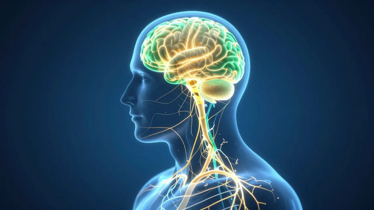 Abstract digital art of a glowing nervous system inside a human silhouette