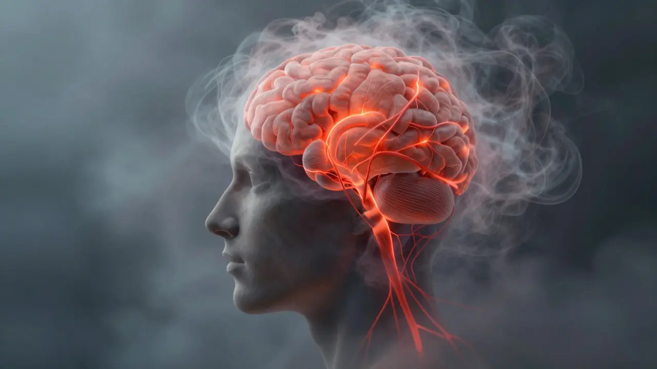 Abstract illustration of a brain filled with fog and tangled neural pathways