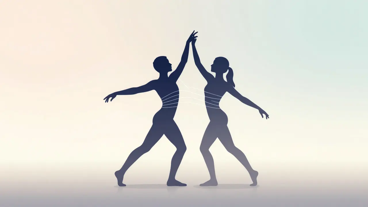 Abstract illustration of figures mirroring movements in dance therapy