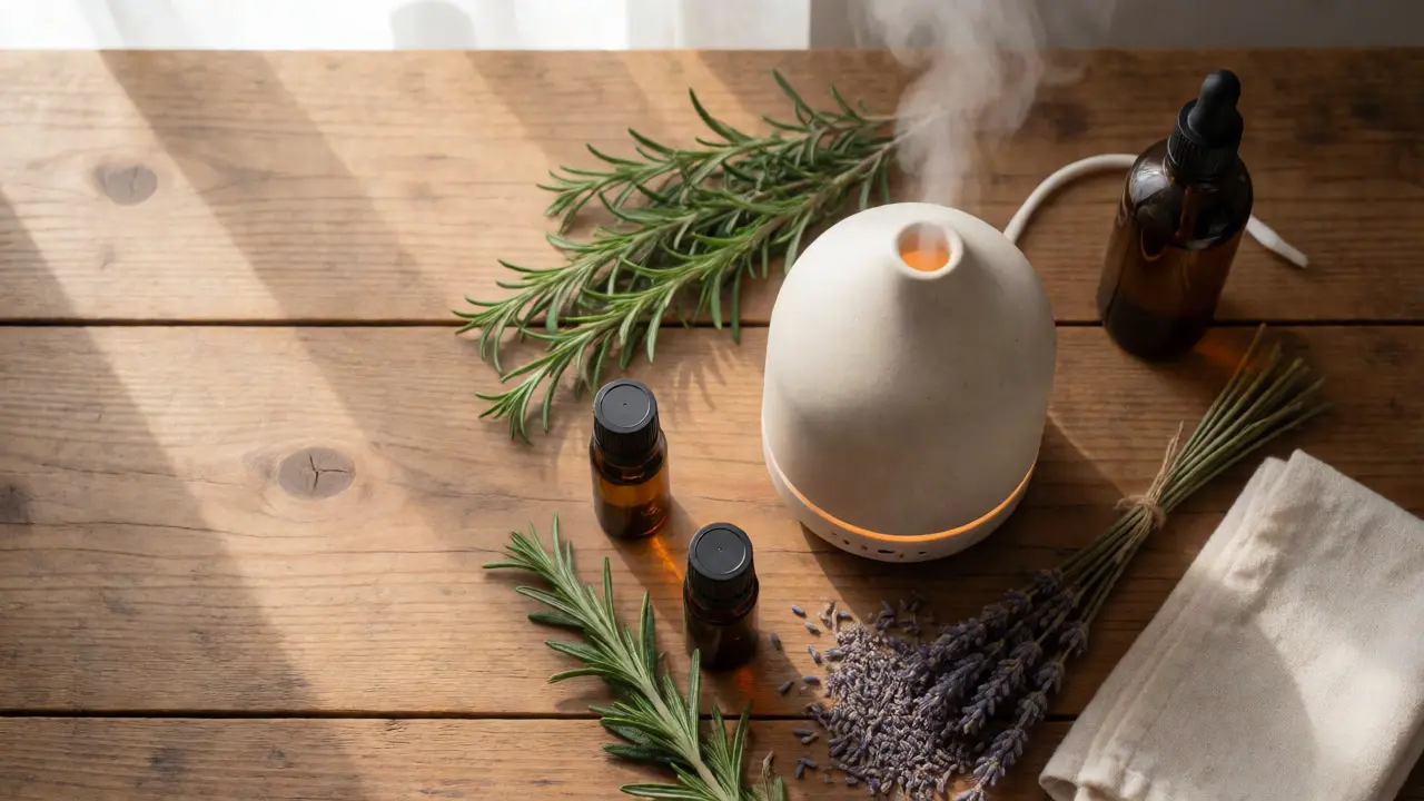Aromatherapy diffuser and essential oil bottles on a table