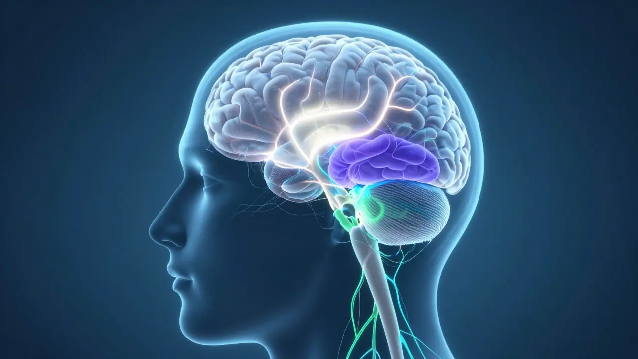 Artistic cross-section of a brain highlighting active neural pathways