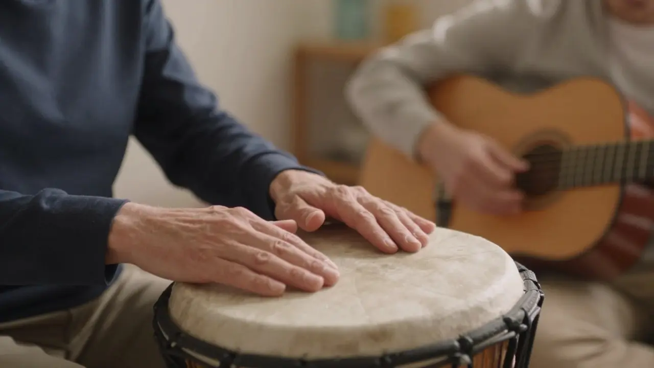 Close-up of hands playing a drum during a music therapy session