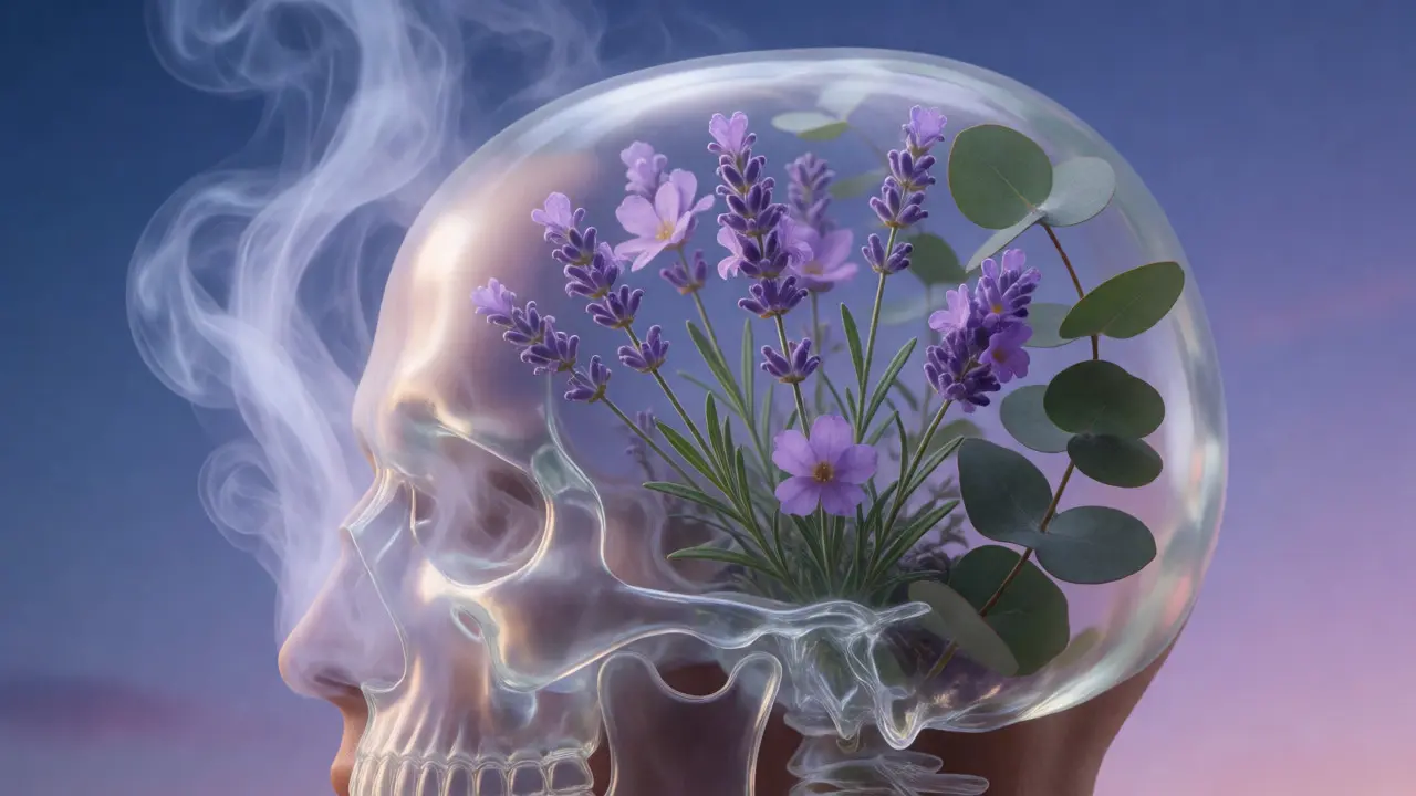 Conceptual art of lavender and mist entering the brain