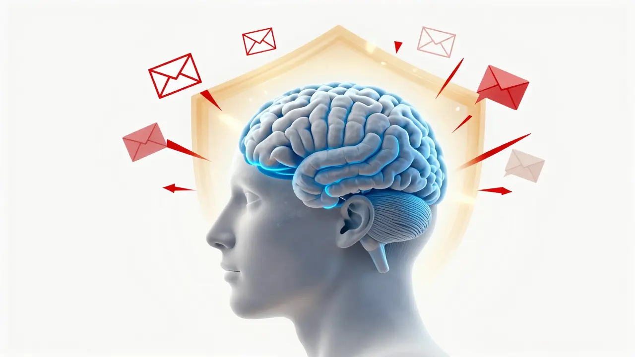 Conceptual art showing a calm brain resisting stressful workplace stimuli