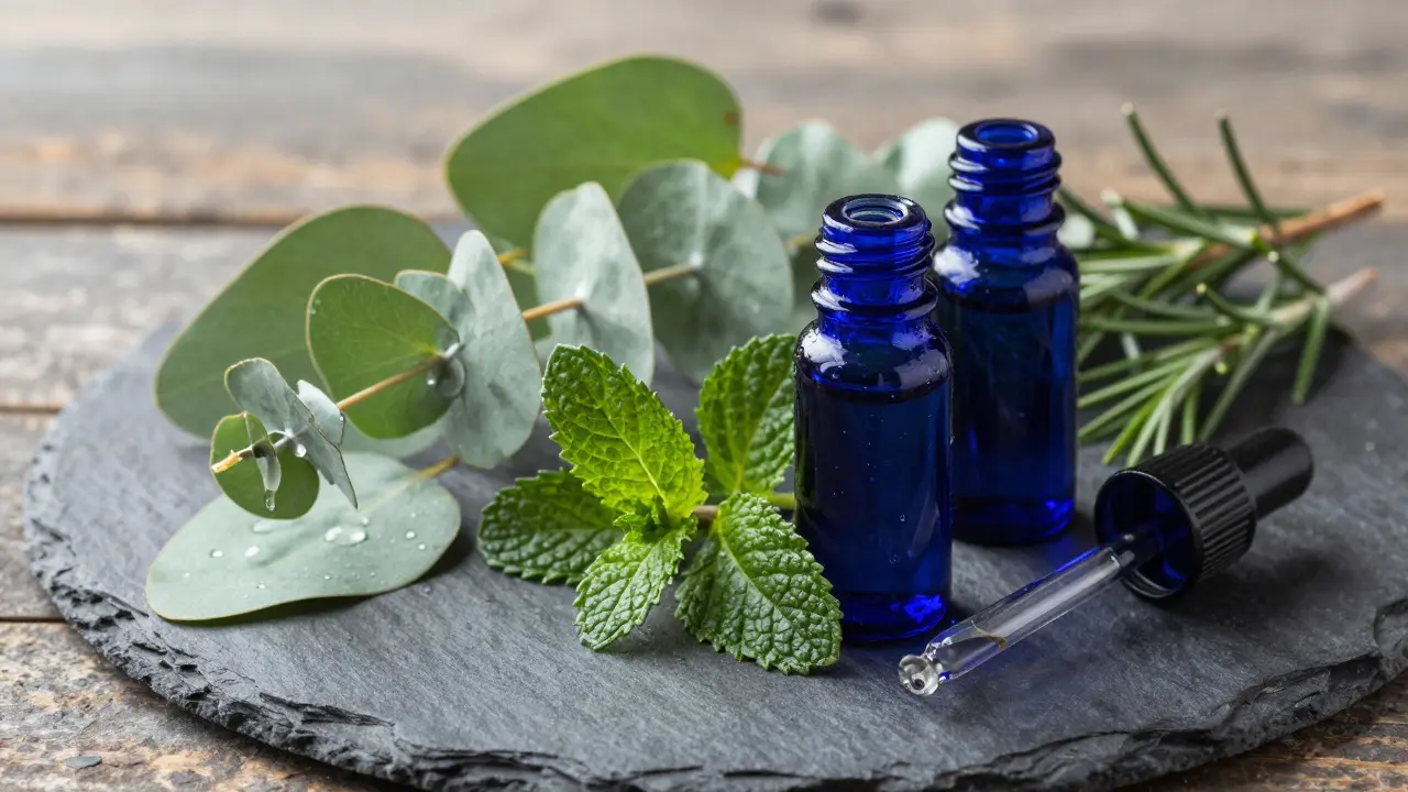 Fresh eucalyptus, peppermint, and rosemary herbs with oil bottles