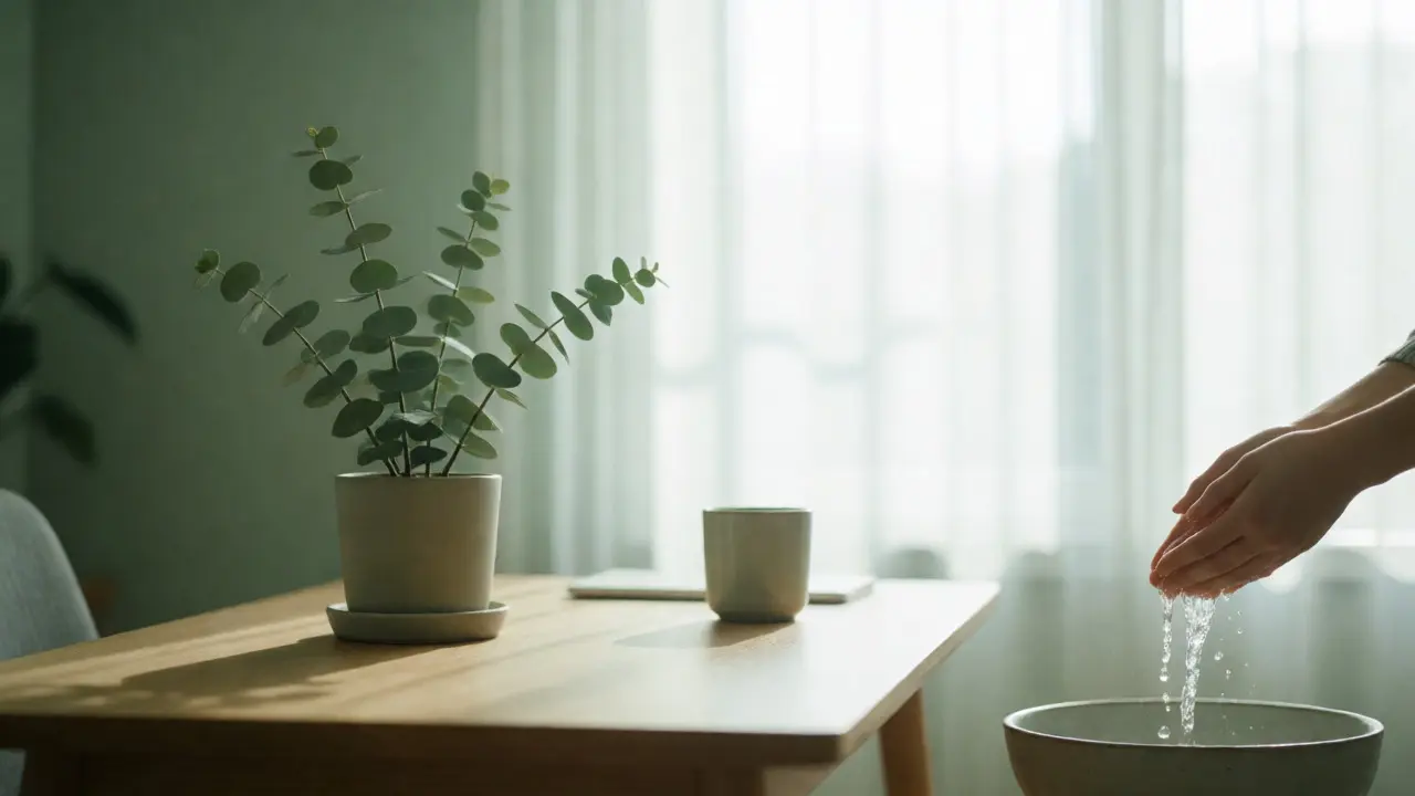 Hands splashing cold water on wrists in a serene, clutter-free room