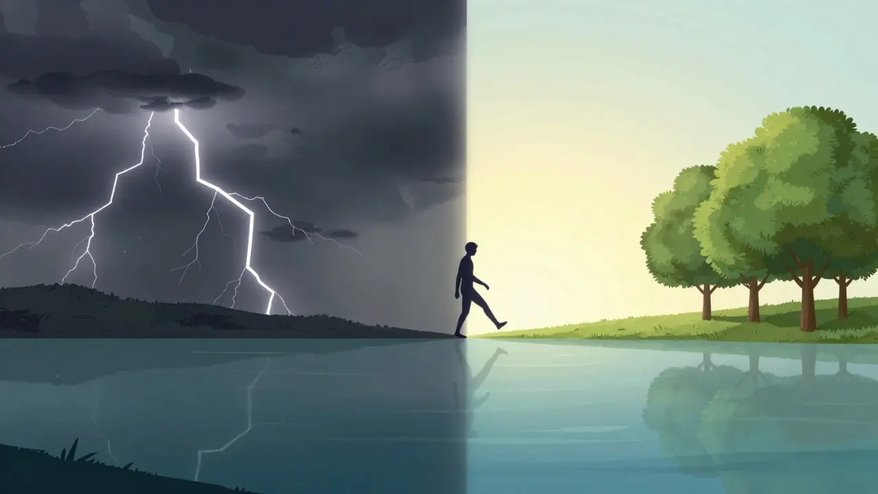 Illustration of a figure moving from a stormy sky to a calm landscape