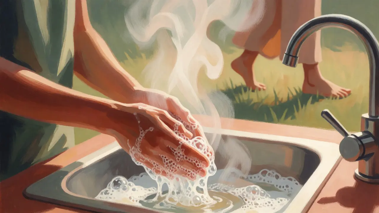 Mindful dishwashing and walking depicted in soft, painterly art