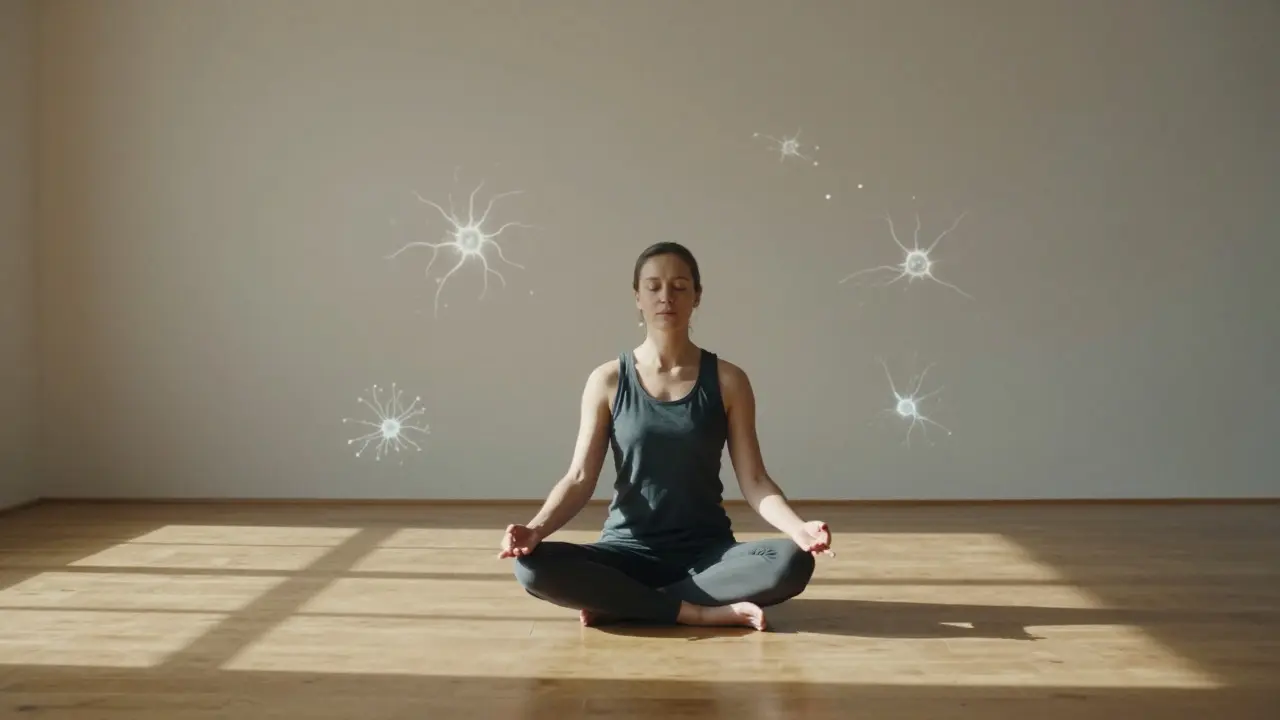 Person meditating in a sunlit room with subtle light effects