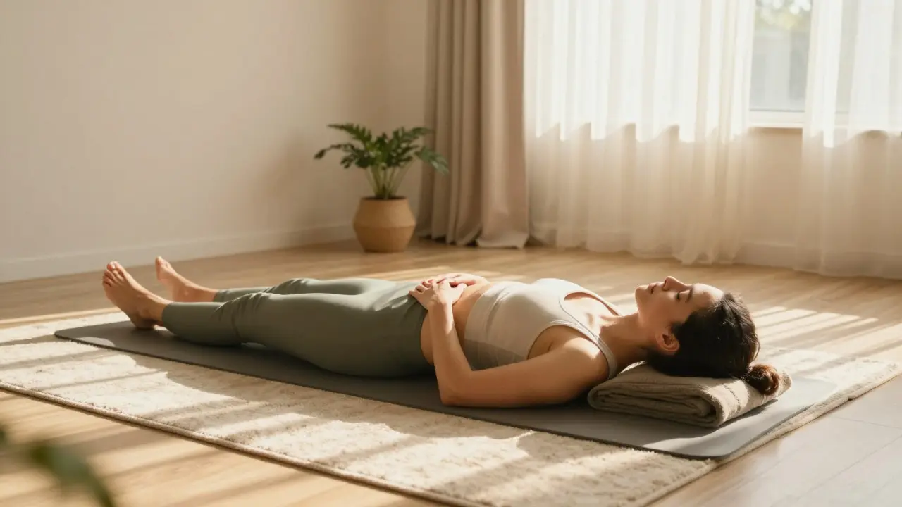Person practicing deep breathing in a sunlit, calm living room