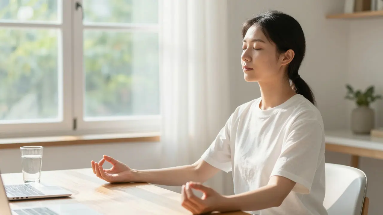 Person taking a mindful break by a sunny window to restore mental clarity and calm.