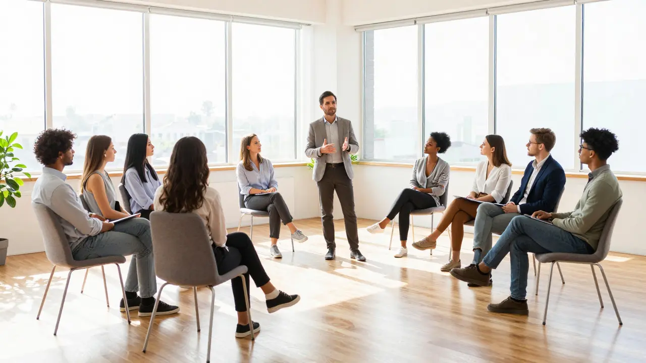 Team members actively listening in a bright, clutter-free conference room