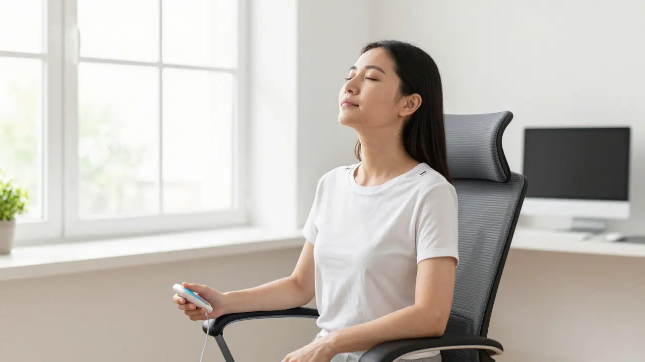 Woman relaxing in a sunlit office while using a handheld biofeedback device