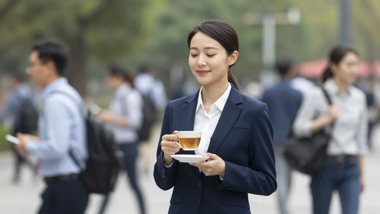 Woman standing calmly amidst a blurred, busy city crowd