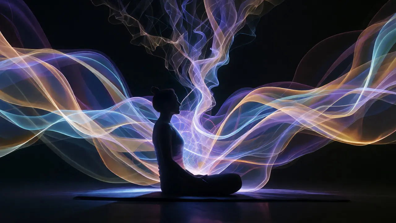 Abstract visualization of breath energy connecting body and mind during meditation.