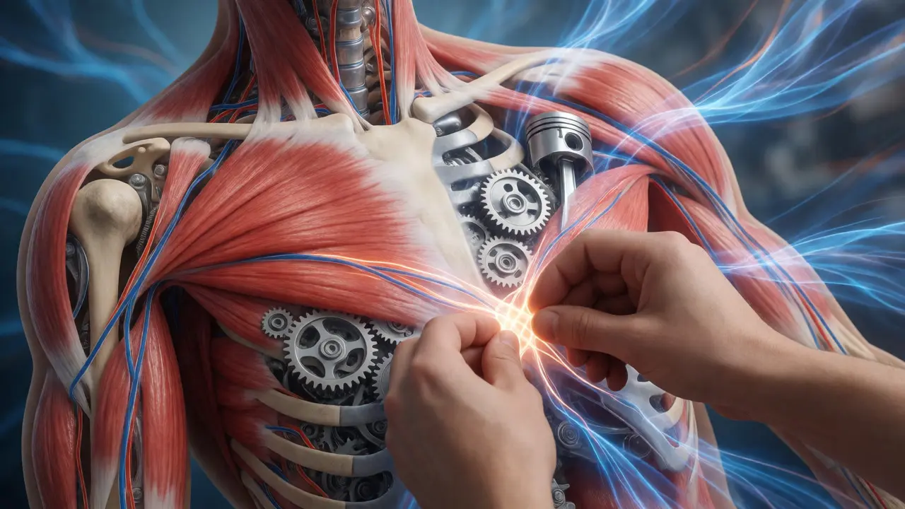 Artistic visualization of muscle tissue being manipulated like a high-performance engine mechanism.