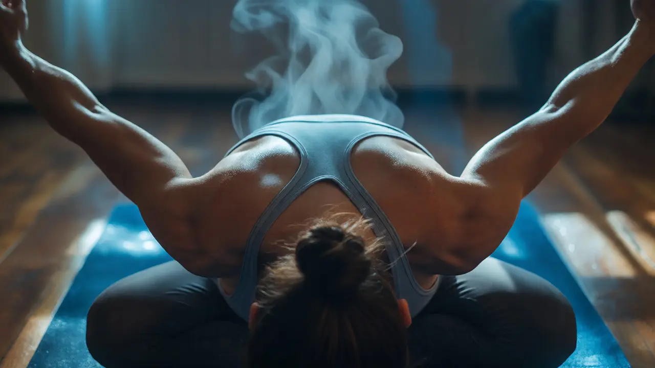 Close-up of a yoga pose transitioning into rest, showing physical tension release.