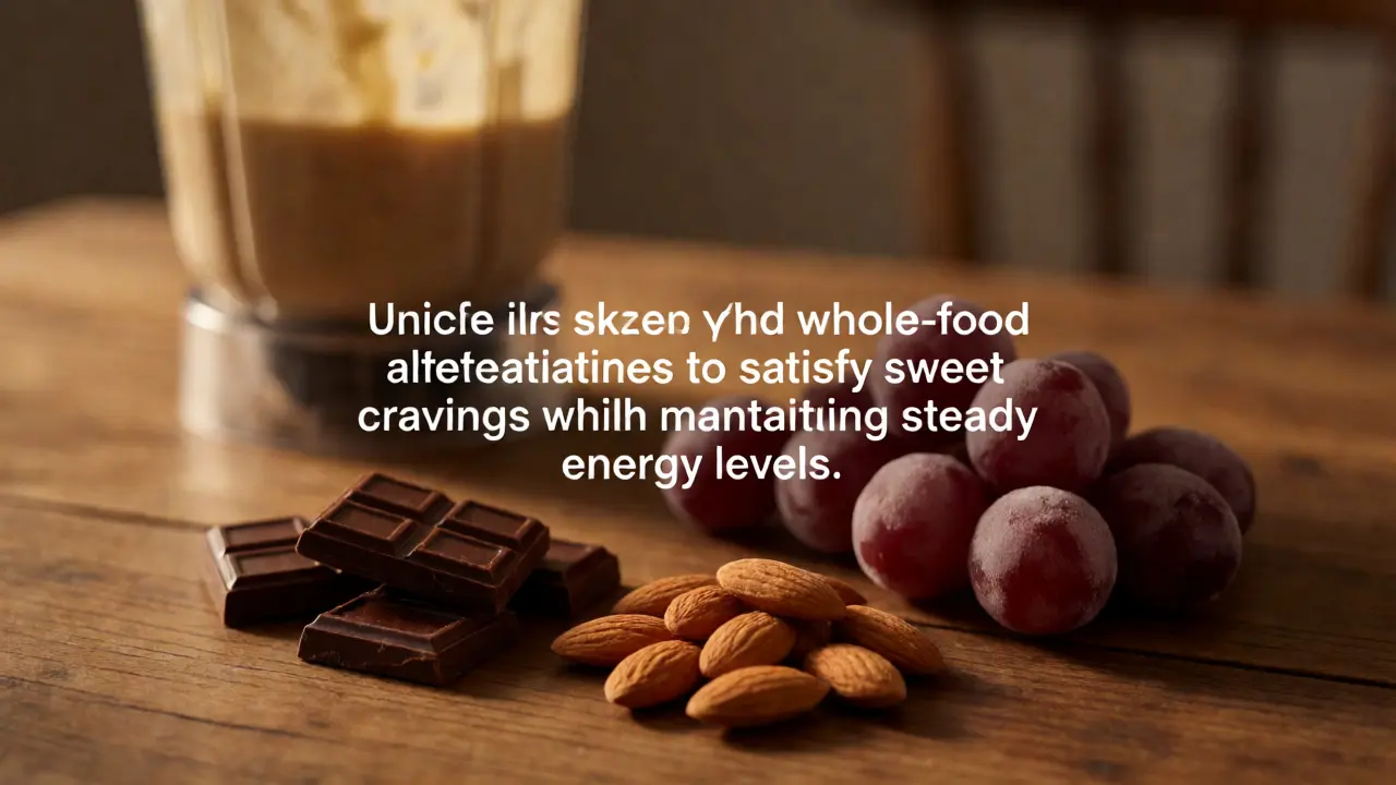 Dark chocolate, almonds, and frozen grapes on wooden table
