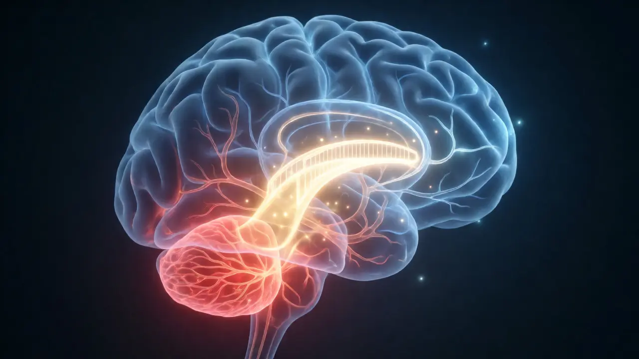 Glowing neural bridge connecting emotional and logical brain regions